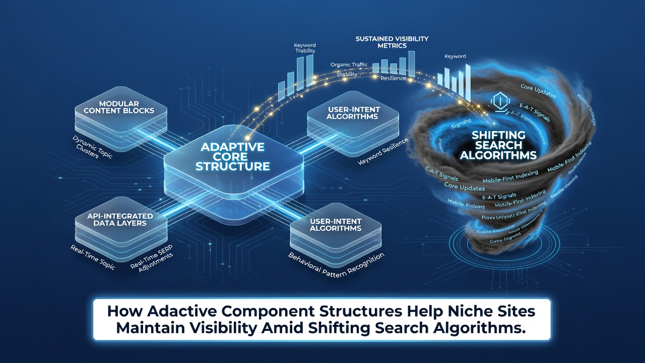 Screenshot of a niche site dashboard displaying interchangeable adaptive components during an algorithm shift